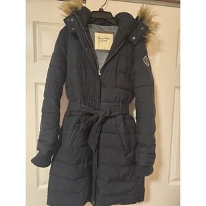 Abercrombie & Fitch Long Down Parka Puffer Coat Hood Fur coat W/belt Small Black